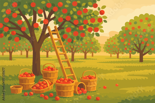 Basket of Apples with Flowers in a Garden