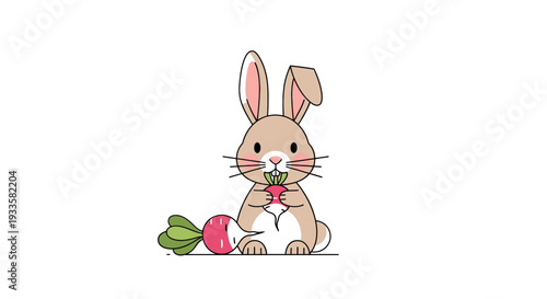 Adorable cartoon rabbit eating a radish illustration; cute bunny with pink ears and fluffy tail vector design; children's book illustration