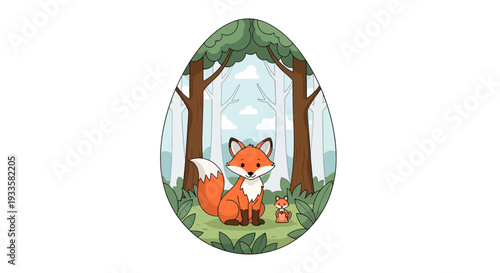 Adorable cartoon illustration of a fox and cub sitting in a forest clearing stylized illustration in a whimsical scene