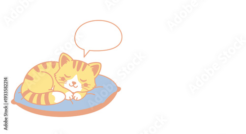 Adorable cartoon tabby cat sleeping on blue pillow with dreaming bubble illustration; cute kitty with orange stripes isolated on white background