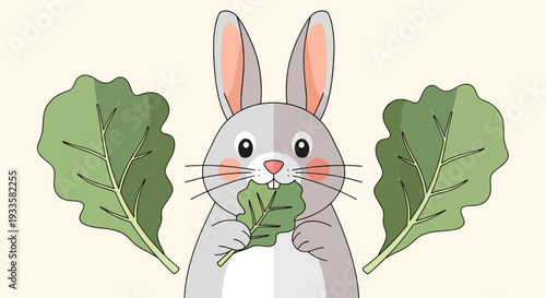 Adorable gray cartoon bunny eating fresh green lettuce leaves with soft pink accents and playful hand-drawn style perfect for children's illustrations