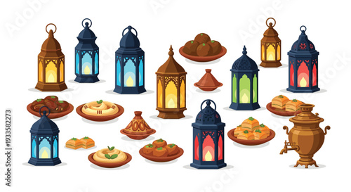 A delightful collection of diverse Arabic lanterns, traditional Middle Eastern food dishes, and a vintage samovar displayed on a white background.