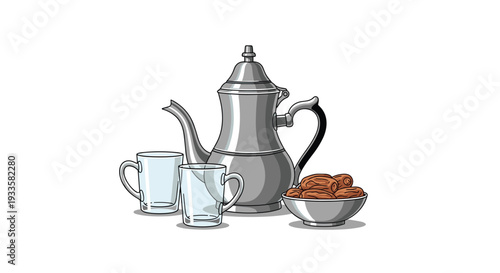 A traditional silver Arabic coffee pot, two clear glass cups, and a small bowl filled with dates are neatly arranged.