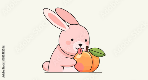 Adorable pink bunny licking a ripe peach illustration in cartoon style against a clean white background for design elements and children's illustrations