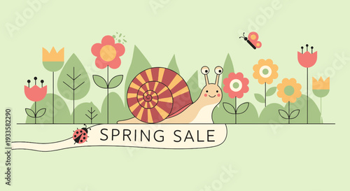 Adorable snail with cartoon eyes crawls along spring sale banner amidst colorful flowers in flat illustration style