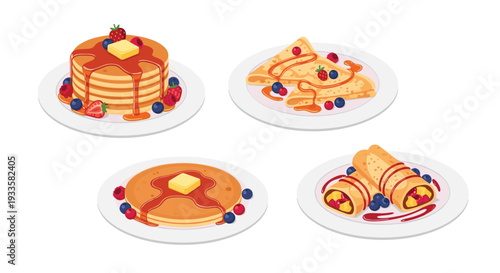 Four distinct plates showcasing a delightful assortment of pancakes and crepes, each adorned with fresh berries, sweet syrup, and butter.