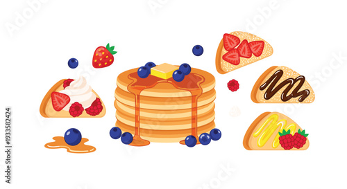 A tall stack of golden pancakes with syrup and berries is surrounded by diverse toast slices with various sweet fruit toppings and chocolate.