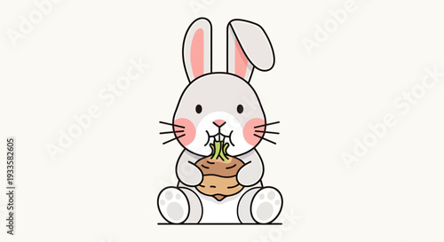 Cartoon bunny eating a carrot vector illustration; cute rabbit holding vegetable; adorable gray animal; simple design for children's book; isolated graphic
