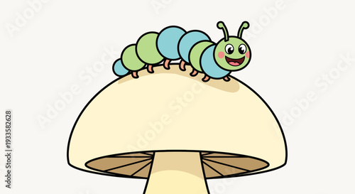 Cartoon caterpillar crawling on a mushroom illustration in pastel colors against white backdrop for children's book and educational materials