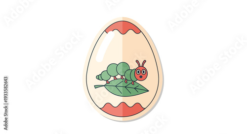 Cartoon caterpillar on leaf inside Easter egg illustration; whimsical design for springtime holiday graphics and children's educational resources