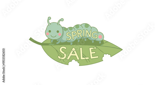 Cartoon caterpillar eating a leaf illustration with Spring Sale text in a cute style for promotions and springtime marketing materials