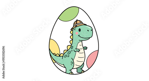 Cartoon dinosaur explorer wearing safari hat inside dotted egg shell vector illustration for kids design and Easter decorations