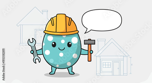 Cartoon Easter egg construction worker with hard hat holding wrench and hammer in front of house blueprints illustration