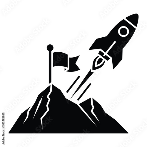Rocket from peak with flag icon for mission goal climb win and biz growth success vector