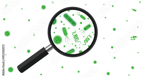 A magnifying glass reveals detailed green bacteria and viruses, with scattered smaller green microbes on a bright white background.