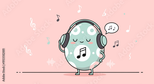 Cartoon egg character with headphones enjoying music on pink background with musical notes for kids and cheerful designs