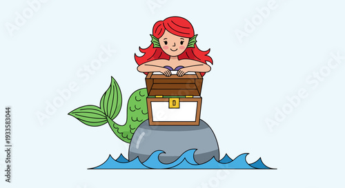 Cartoon mermaid with red hair sitting on a rock with treasure chest in blue ocean waves vector illustration for children's storybooks