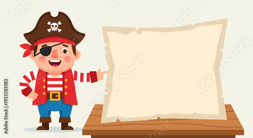 Cartoon pirate character points to parchment scroll on wooden table in vector illustration for kids books or pirate-themed education material