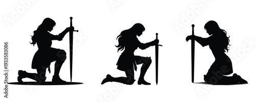 Set of kneeling warrior woman silhouettes holding sword in different poses. Strong female character concept isolated on transparent background.