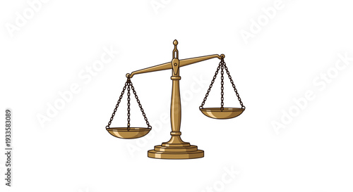 A traditional golden balance scale with two empty weighing pans hangs perfectly balanced, standing upright on a clean white background.