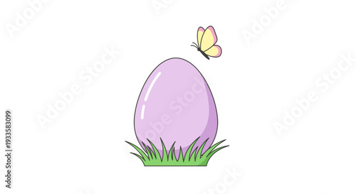 Cartoon purple Easter egg on green grass with yellow butterfly isolated on white background Spring holiday illustration for graphic design elements