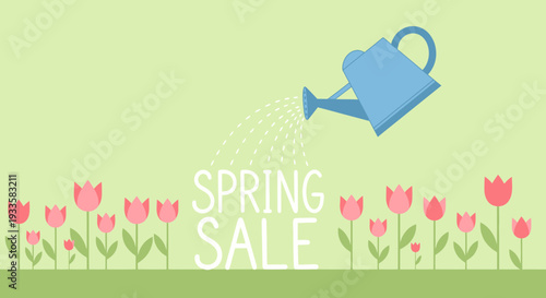 Cartoon spring sale illustration with watering can watering tulip flowers on green background for seasonal marketing promotion