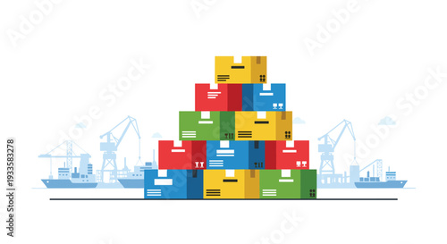 A pyramid stack of colorful shipping boxes prominently placed on a dock with cargo ships and industrial cranes in a bustling port under a clear sky.