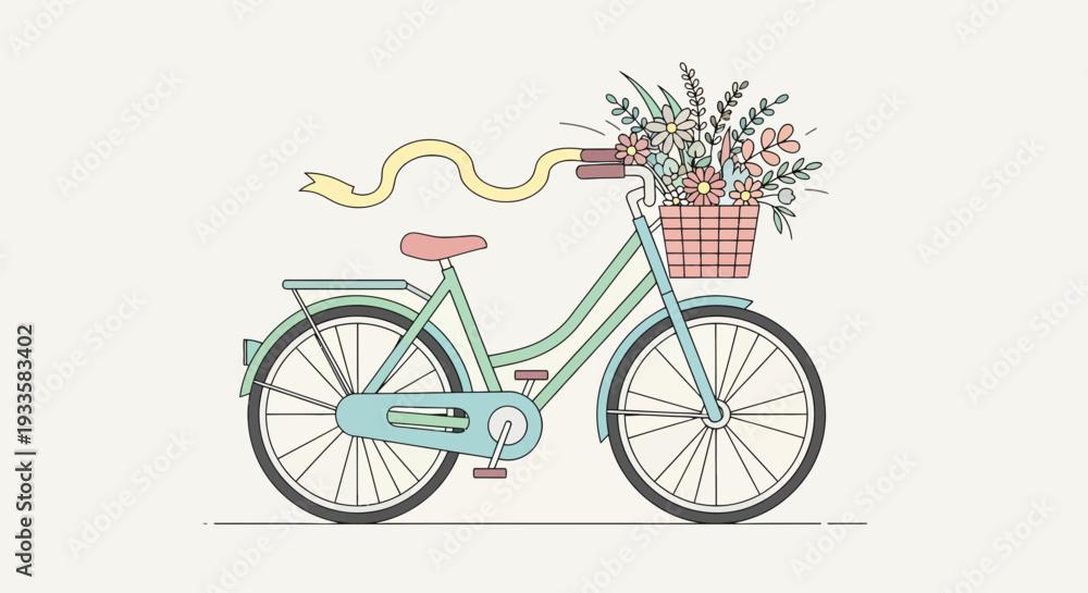 Fototapeta premium Charming mint green bicycle with flower basket and yellow ribbon in cartoon style isolated on white for spring and summer designs