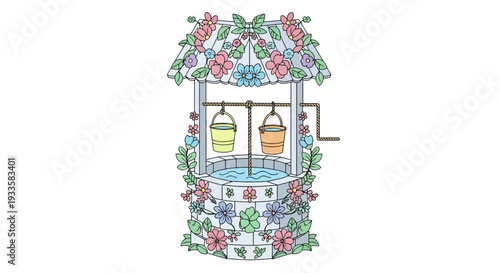 Charming floral wishing well illustration with buckets rope and crank surrounded by colorful flowers and leaves in pastel tones