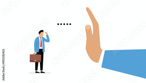 Giant hand signaling stop to small businessman with briefcase, corporate barrier and rejection concept illustration