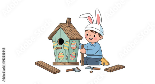 Cheerful boy in bunny ears hat building a birdhouse with Easter egg decorations using tools in cartoon style illustration