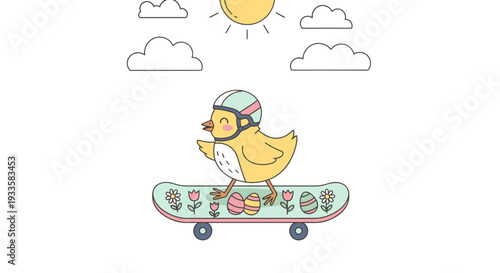 Cheerful cartoon chick with helmet rides skateboard decorated with Easter eggs and flowers under sunny sky illustration vector