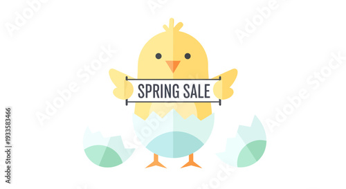 Cheerful chick hatching from egg with Spring Sale banner in flat vector style for festive holiday promotion and seasonal retail advertising