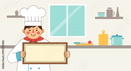 Cheerful chef holding blank menu board in kitchen illustration; presenting recipe announcement food message graphic in flat vector design
