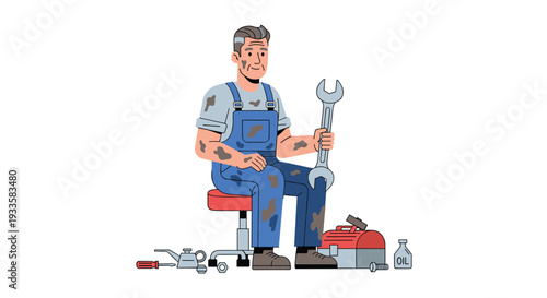 A dirty middle-aged male mechanic in blue overalls sits on a rolling stool, holding a large wrench, with tools and oil nearby.