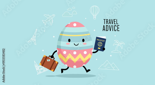 Cheerful Easter egg character running with suitcase and passport for travel advice vector illustration on light blue background