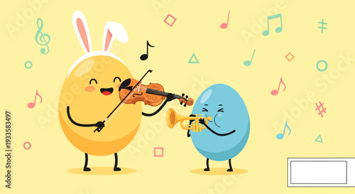 Cheerful Easter eggs playing music with violin and trumpet on a yellow background filled with musical notes and geometric shapes