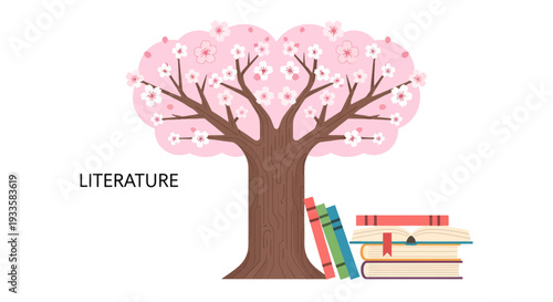 Cherry blossom tree with books illustration in flat vector art style literary concept for education knowledge and reading spring season pastel color design