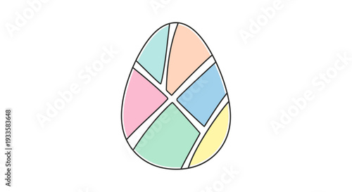Colorful abstract Easter egg with geometric pastel patchwork design for spring holiday greetings and decorative art projects against white
