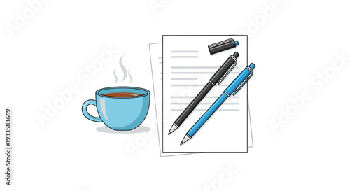 A steaming blue cup of hot coffee is placed next to a stack of papers and two pens on a clean white surface.