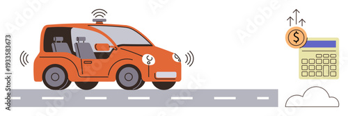 Smart transportation, financial growth, wireless technology, self-driving cars, innovation, autonomous systems. Orange autonomous car with sensor signals and calculator with increasing profits. Smart