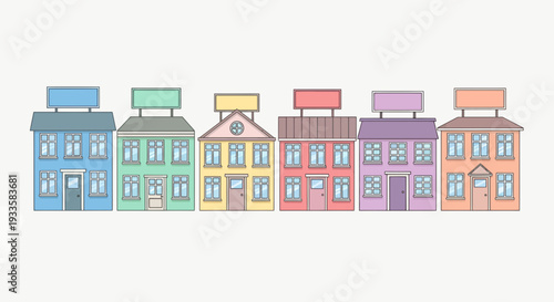 Colorful cartoon row of small town buildings with shop signs pastel shades and cheerful design for commercial use illustration