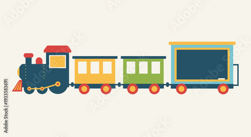 Colorful cartoon train with red yellow green and blue cars on white background ideal for educational resources and children's designs