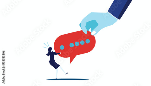 Businesswoman receiving red speech bubble from a large hand for communication and feedback concept illustration