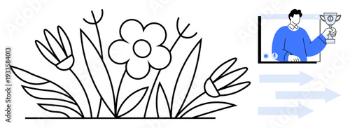 Vector illustration of blooming flowers paired with a person in a blue sweater holding a trophy and conceptual arrows suggesting achievement and growth. Ideal for success, growth, self-improvement