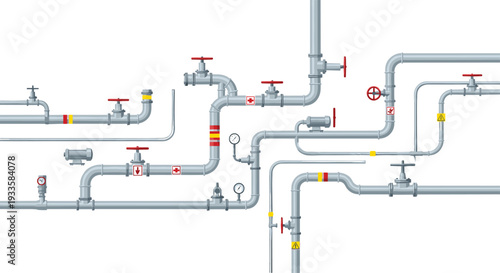 A intricate network of grey industrial pipes featuring red control valves, pressure gauges, and yellow warning labels, forming a complex system.