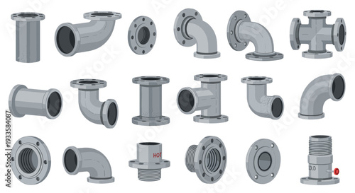 A comprehensive collection of various grey industrial pipe fittings, including flanges, elbows, tees, and connectors, arranged on a clean white background.