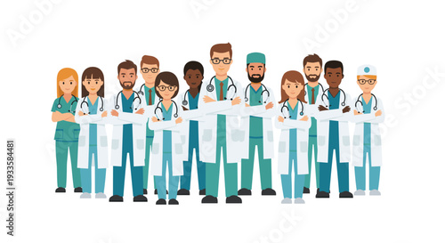 A diverse group of healthcare professionals including doctors and nurses stands confidently with crossed arms, wearing lab coats and scrubs against a clean white background.