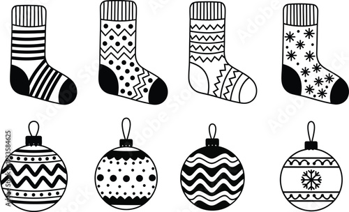 Black and white Christmas socks and ornament collection
