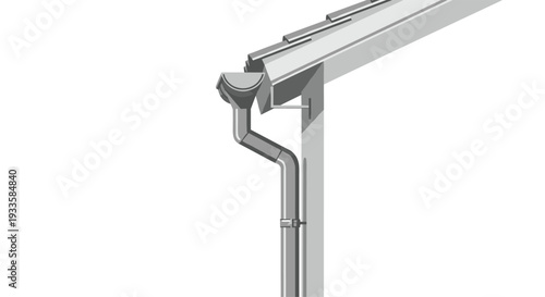 A simple and clean illustration features a single rain gutter and downspout system meticulously attached to the corner of a house roof structure.